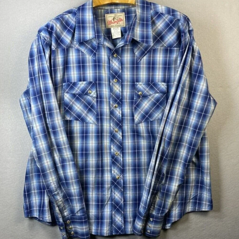 Wrangler American Cowboys Mens XXL Pearl Snap MV1323M Plaid Shirt Western Rodeo